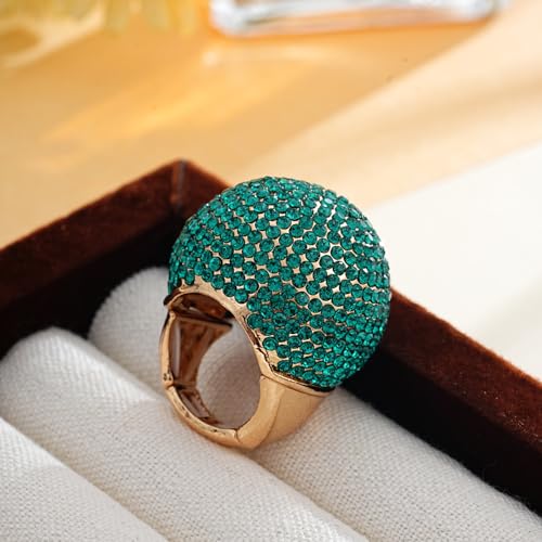 Gold Snowball Rhinestone Cocktail Ring – Adjustable Stretch Sparkling Party Jewelry for Women, Elegant Costume Ring for Evening Wear, Wedding, Prom - color: green