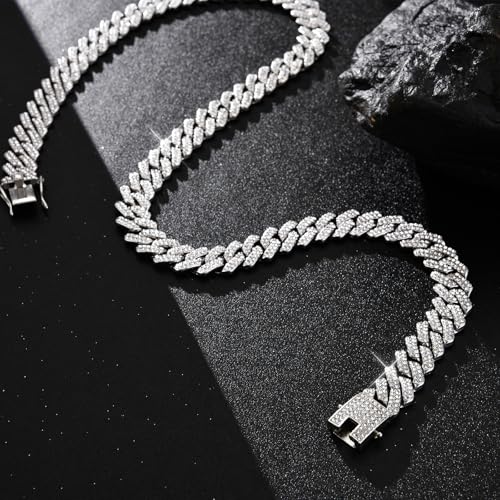 Mens Cuban Link Chain Iced Out Cuban Necklace 18K Gold & Silver Plated Chain For Men Women 14mm Hip Hop Jewelry - color: Silver, size: 16Inches