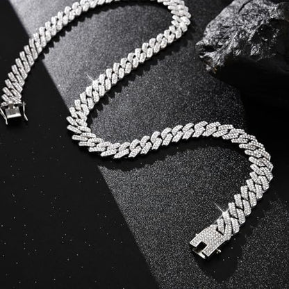 Mens Cuban Link Chain Iced Out Cuban Necklace 18K Gold & Silver Plated Chain For Men Women 14mm Hip Hop Jewelry - color: Silver, size: 16Inches