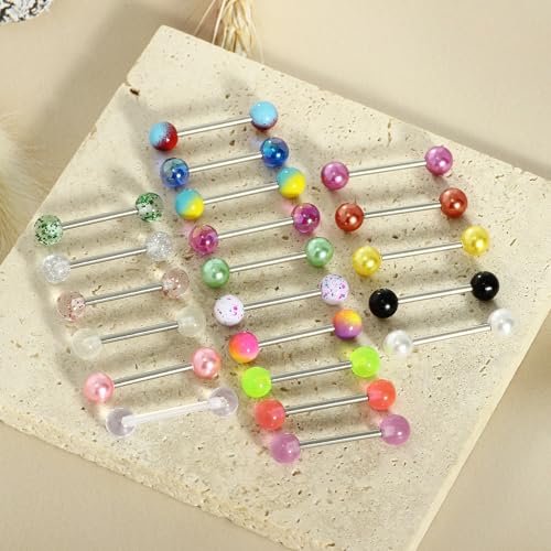 14G Surgical Steel Tongue Rings for Women Men Acrylic Clear Tongue Piercing Jewelry Teaser Slave Ring Skull/Flower/Silicone Soft Spike Ball/CZ/Door Knocker/Pill Tongue Barbell Bars 5/8inch - color: 20pcs mix