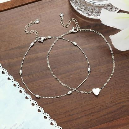 Dainty Anklets for Women, 14K Gold Plated & Sterling Silver Plated Ankle Bracelets, Adjustable, Waterproof & Hypoallergenic Summer Beach Foot Jewelry in Assorted Styles - style: 2 anklets heart silver
