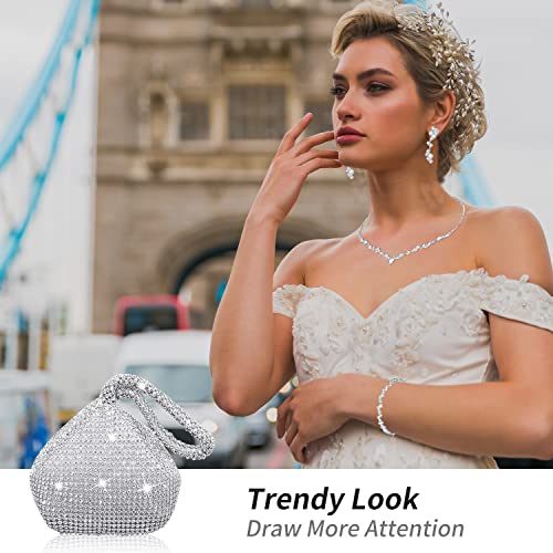 Ditard 4 Pieces Rhinestone Jewelry Set Women Clutch Purse for Prom Sets Wedding Bridal Bracelet Necklace Dangle Ear Clip Crystal Party (Sweet Style), Silver