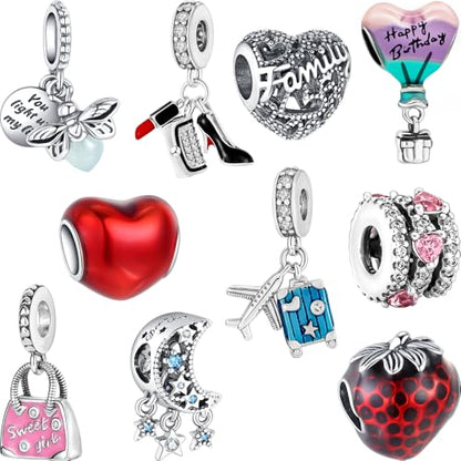 10 Pack Silver Bead Charms Compatible with Charms Bracelet Necklace, Silver Charms for Bracelets for Women, the Pendant Dangle Beads with Cubic Zirconias Are the Perfect Jewelry Gift for Women, Ideal for Christmas, Birthdays, Mother's Day, and Valentine's