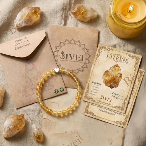 Bivei Crystal Stretch 6mm Bracelets for Women | Handmade Natural Stone Beaded Stretch Bracelet, Stainless Steel Heart Bead, Tranquility Yoga Gift Jewelry for Women - color: Citrine - Amplifies