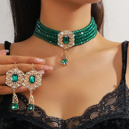 Missgrace Women Silver Black Green Red Rhinestone Crystal Tassels Bridal Necklace Earrings Sets Teardrop Necklace Dangle Earrings Set for Wedding Brides Bridesmaid - color: Green