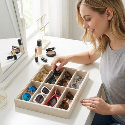 Sunglass Organizer Beige Velvet Glasses Trays for Drawer Eyeglasses Watches Jewelry Display Sunglass Box- Men Women (8 Grids) - color: Sunglass Box
