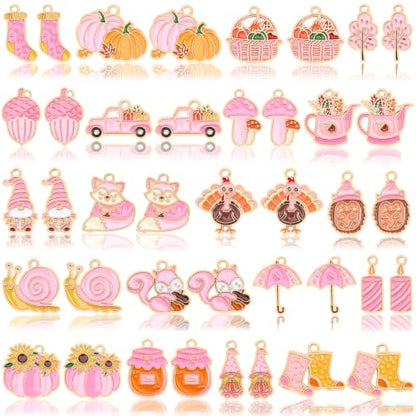 40 Pcs/20 Pairs Pink Fall Charms for Jewelry Making | Autumn Thanksgiving Day Charm, Pumpkin Maple Leaf Turkey Harvest Pendants, for Bracelet Necklace Earring, DIY Craft Gifts - style: Pink Fall