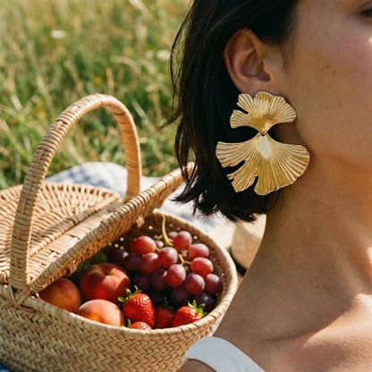 Chunky Gold Plated Flower Statement Drop Earrings for Women | Hypoallergenic 18K Gold Plated Textured Petal Wing, Large Statement Dangle Earrings for Wedding Party - color: Gold Ginkgo Leaf-C
