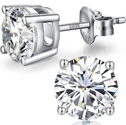 Jiamiaoi 18K White Gold Plated Stud Earrings 925 Sterling Silver Round and Square Cut Princess Cut 5A+ Cubic Zirconia Stud Earrings 4mm to 8mm Fashion Jewelry for Men Women - color: A-Round Cut-Silver, size: 6mm