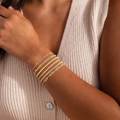 M MOOHAM Gold Bracelets Set for Women No Tarnish | 14K Gold Plated, Dainty Stackable Bracelets Stack for Women, Herringbone Paperclip Rope Cuban Chain Bracelet Set Stack - color: 4.Rope Beaded Set