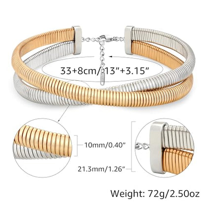 Chunky Gold Choker Necklace for Women, 14K Gold Plated Snake Chain Statement Necklace Triple Twsited Layered Choker Necklaces Jewelry Gifts - style: 2 LAYER/14K GOLD&SILVER