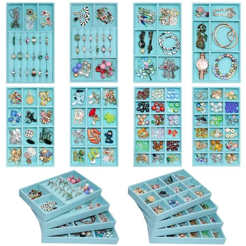 Jewelry Organizer Tray Set of 8, Stackable Velvet Jewelry Trays with Removable Dividers, Drawer Inserts Earring Organizer for Women, Jewelry Storage Display Case for Rings Necklaces Bracelets, Blue - color: Blue, size: 8 Pack