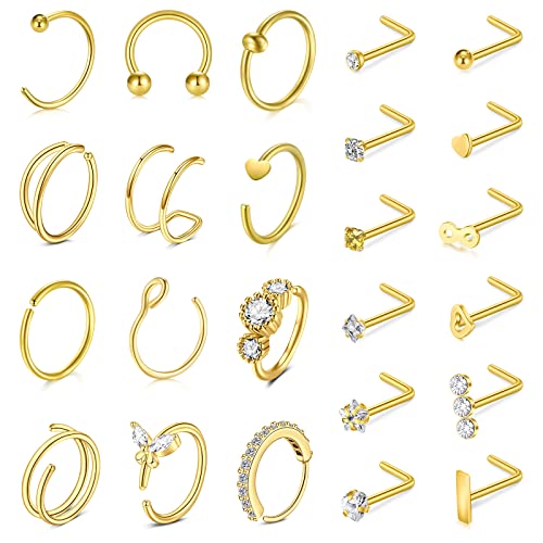 Incaton 20G Stainless Steel Nose Rings for Women Nose Rings Hoops L Shaped Nose Studs Screw Nose Piercing Jewelry for Women Men Silver Rose Gold Black Rainbow - color: 24P GOLD