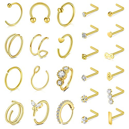 Incaton 20G Stainless Steel Nose Rings for Women Nose Rings Hoops L Shaped Nose Studs Screw Nose Piercing Jewelry for Women Men Silver Rose Gold Black Rainbow - color: 24P GOLD