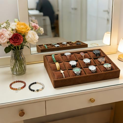 Jewelry Watch Tray, Coffee Velvet Watch Jewelry Organizer 12 Grid, Stackable Watch Bracelet Bangle Display Holder, Adjustable Pillows, for Man Woman Show Birthday - color: Coffee