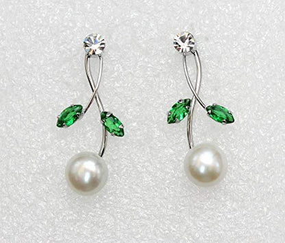 Faship Genuine Freshwater Pearls Floral Necklace Earrings Set | Premium CZ Crystal, Gorgeous, Sparkling - color: Green