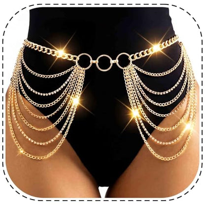 Rhinestone Chain Belt Silver Body Chains Jewelry for Women | Sparkly Diamond Waist Chain Belts Layered Punk Rave Body Accessories - color: Gold