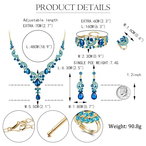 EVER FAITH Rhinestone Crystal Bridal Floral Wave Teardrop Necklace Earrings Set - color: 4pcs_Sky Blue