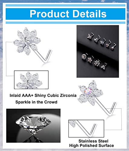 9Pcs Nose Rings Stud L Bone Screw Shaped Nose Ring Flower CZ Snowflake Butterfly Screw Nose Stud Body Piercing Jewelry for Women Men 20G Silver Gold Rose Gold Tone - color: A:Silver Tone
