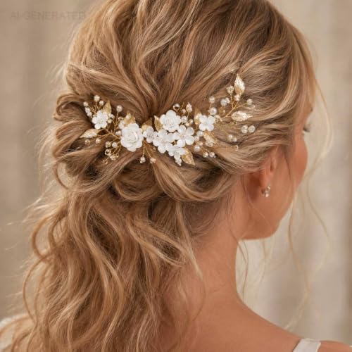 CASDRE Flower Bride Wedding Hair Vine Pearl Bridal Headpiece Leaf Hair Accessories Hair Piece for Women and Girls (B Gold) - color: B Gold