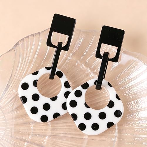 Handmade Lightweight Retro Polka Dot Square Hollow Round Dangle Drop Earrings Unique Chic Resin Geometric Stud Earrings For Women - style: white 1