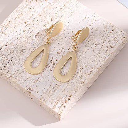 Gold Metal Clip On Earrings for Women Non Pierced Dangle Drop Earrings Multiple Styles - color: gold rectangular + waterdrop hollow