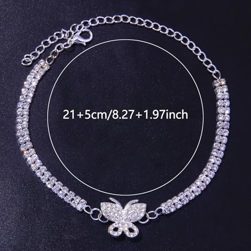 Fesciory Heart Rhinestone Ankle Bracelets for Women, Adjustable Silver Plated Shiny Tennis Anklets, Twinkle Cubic Zircon Imitation Diamond Anklet Foot Chain Jewelry Gifts - color: Butterfly2