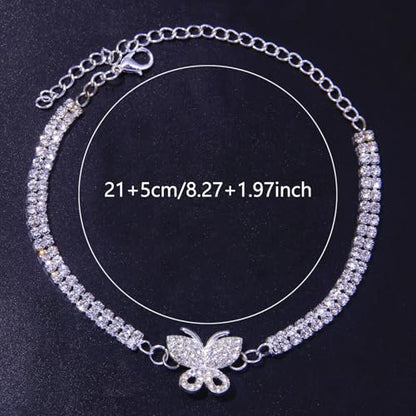 Fesciory Heart Rhinestone Ankle Bracelets for Women, Adjustable Silver Plated Shiny Tennis Anklets, Twinkle Cubic Zircon Imitation Diamond Anklet Foot Chain Jewelry Gifts - color: Butterfly2