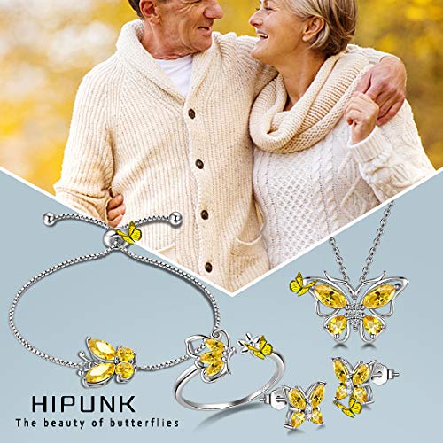 925 Sterling Silver Birthstone Butterfly Jewelry Women Crystal Animal Cute Butterflies Birthday Necklace/Earring/Ring/Bracelet Sets Birth Stone Statement Anniversary Jewellery - color: 3-K.November-Citrine
