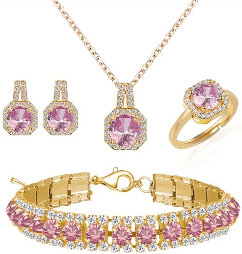 Paxuan 4pcs Cubic Zirconia Wedding Jewelry Sets for Bride Bridesmaid Cubic Zirconia Pendant Necklace Earrings Link Tennis Bracelet Open Ring Set for Women - color: Gold Plated Pink Cubic Zirconia