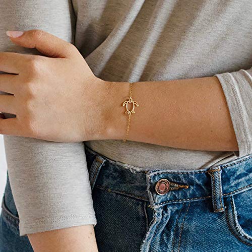 MEVECCO Dainty Chain Bracelets for Women, Layered and Charm Styles | 14K Gold Plated Brass, Select Cubic Zirconia Accents, Single and Multi-Row Structures for Refined Everyday Wristwear - style: Turtle