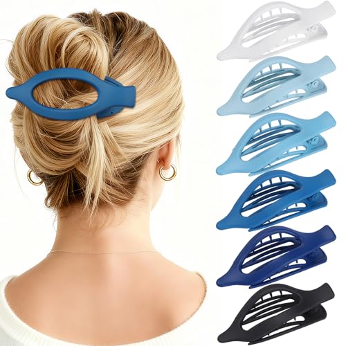 Flat Hair Clips for Women - 6 PCS French Flat Claw Clips Medium Hair Clips for Girls Large Hair Claw Clips for Thick or Thin Hair Strong Hold No Slip Hair Accessories for women (Blue) - color: Blue