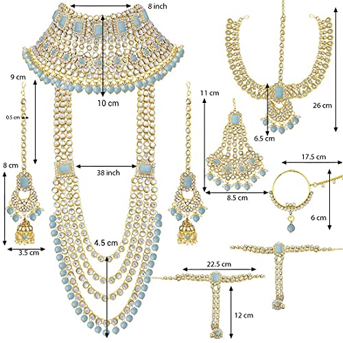 Aheli Traditional Wedding Indian Bharatanatyam jewellery set Long Choker Necklace Earrings Maang Tikka Nath Paasa Hath Phool for Women - color: Sky Blue