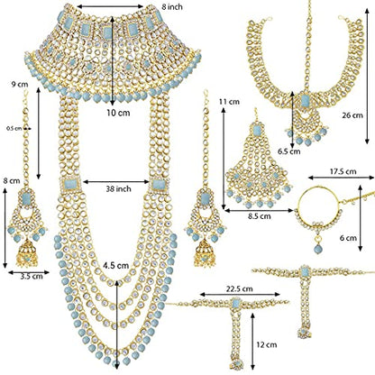 Aheli Traditional Wedding Indian Bharatanatyam jewellery set Long Choker Necklace Earrings Maang Tikka Nath Paasa Hath Phool for Women - color: Sky Blue