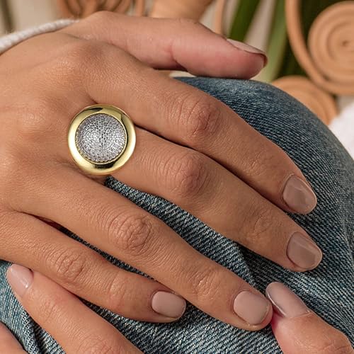 HZMAN Brass Crystal Adjustable Open Ring Collection, Multi-Style Statement Rings for Women & Men, Mix Cut & Paved Crystal Designs - color: Two-Tone Round Ring