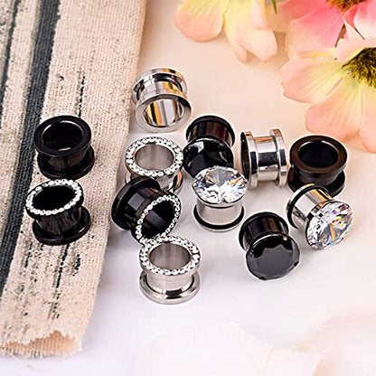 YOFANST 6pcs-12pcs Stainless Steel Clear Black Zircon Ear Tunnels Clear CZ Ear Stretcher Expander Piercing Diamond Gauge Plugs Set 8g-5/8 inch - color: 12pcs, 6g(6mm)