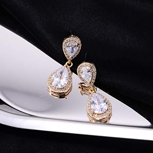 Pave Teardrop Earrings for Wedding Sterling Silver Double Pear Shaped CZ Cubic Zirconia Crystal Rhinestone Birthstone Dangle Earrings Bridal Jewelry for Bride Bridesmaids - color: Luxurious Gold