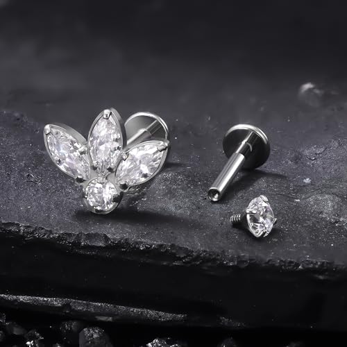 Titanium Flat Back Lip Rings Internally Threaded Earrings Studs Nose Rings 16G Opal CZ Tragus Cartilage Lobe Rook Helix Conch Labret Medusa Piercing Jewelry for Women Men W Piercing Taper Set - style: Four CZ