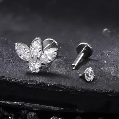 Titanium Flat Back Lip Rings Internally Threaded Earrings Studs Nose Rings 16G Opal CZ Tragus Cartilage Lobe Rook Helix Conch Labret Medusa Piercing Jewelry for Women Men W Piercing Taper Set - style: Four CZ