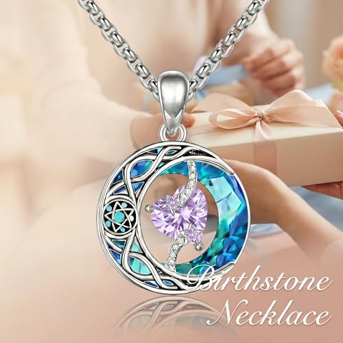 ONEFINITY Moon Star Necklace 18K White Gold Plated Celtic Moon Birthstone Pendant Necklaces Heart Birthstone Anniversary Birthday Jewelry Gifts for Women Wife Mom - style: June