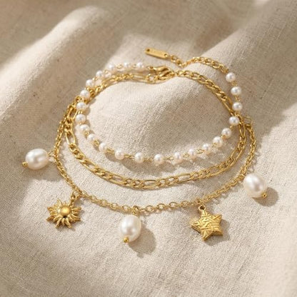 Dainty Gold Shell Pearl Ankle Bracelets for Women, Trendy Anklet Stack Charm Bracelet Adjustable Chain Summer Ocean Beach Accessories Fashion Jewelry Gift - color: Sun Pearl Star