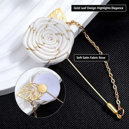Gold Lapel Pin for Men, Gold Foil Brooch Men's White Flower Satin Lapel Pin with Metal Chain for Suits Professional Tuxedo Groom Wedding Brooch - color: White