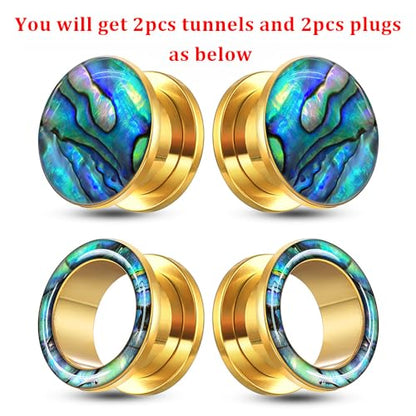 2 Pairs Abalone Pearl Shell Stainless Steel Ear Gauges Plugs and Tunnels, Size 2g - 1 inch Hypoallergenic Surgical Steel Ear Stretcher Expander Body Jewelry - color: BO1651 Gold, size: 16 mm (5/8 inch)