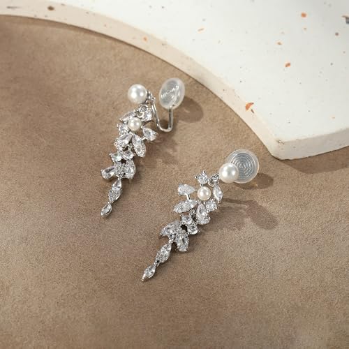 Crysdue Simulated Pearl Earrings for Women, Dainty Silver/Gold/Rose Gold Plated Cubic Zirconia Drop Dangle Earrings Wedding Jewelry for Bride Bridesmaid - style: U_Clip on_Pearl, Silver