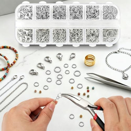 1200 Pcs Open Jump Rings, Jump Rings for Jewelry Making, Necklace Keychain Repair Kit with Making Tools Tweezer, Plier, Lobster Claw Clasps, Open Rings for DIY Crafts Keychains (Sliver) - color: Sliver