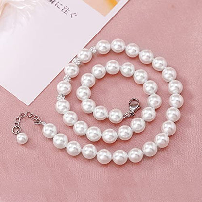 White 8mm Glass Pearls Necklace Bracelet Earring Jewelry 3 Set Wholesale for Women Little Girls - style: 14.5inch