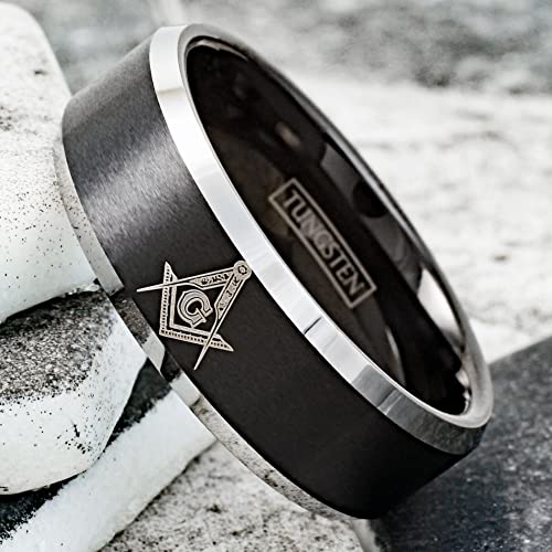 Personalized Engraved 8mm Brushed Satin Finish Black Tungsten Carbide Band Ring with Masonic Freemason's Logo & Polished Silver Beveled Edges.