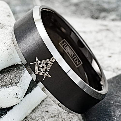 Personalized Engraved 8mm Brushed Satin Finish Black Tungsten Carbide Band Ring with Masonic Freemason's Logo & Polished Silver Beveled Edges.