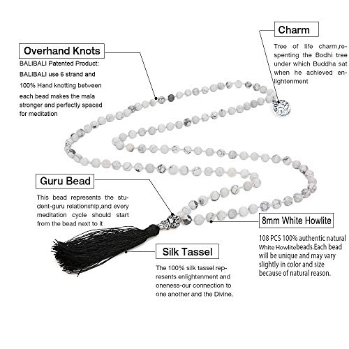108 Mala Beads Necklace Semi-Precious Gem Stones Meditation Necklace 108 Hand Knotted Japa Mala Beaded Tassel Necklace with Tree of Life Pendant - color: Natural White Howlite（Black Tassel）