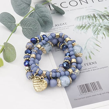 Women Beaded Bracelet Set | Colorful Boho Stackable Trendy Design with Crystal Accents Multilayer Bangle Bracelet | Fashion Stretch Braclets Jewelry for Women - color: Blue